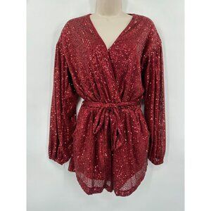 She + Sky Ruby Red Sequin Romper With Long Sleeves & Tie Waist Size Small